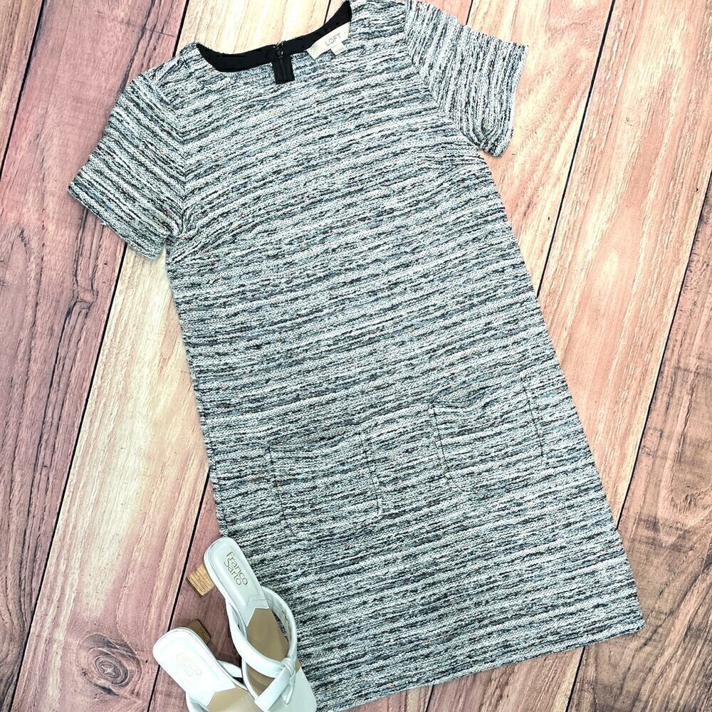 LOFT Short Sleeve Petite Tweed Pastel Multicolor Shift Dress, Size: XS Petite